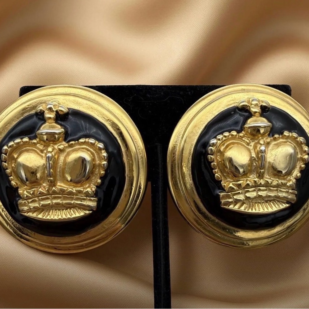 Vintage Signed Blanca Gold Crown Button Clip Earrings - Black & Gold Statement